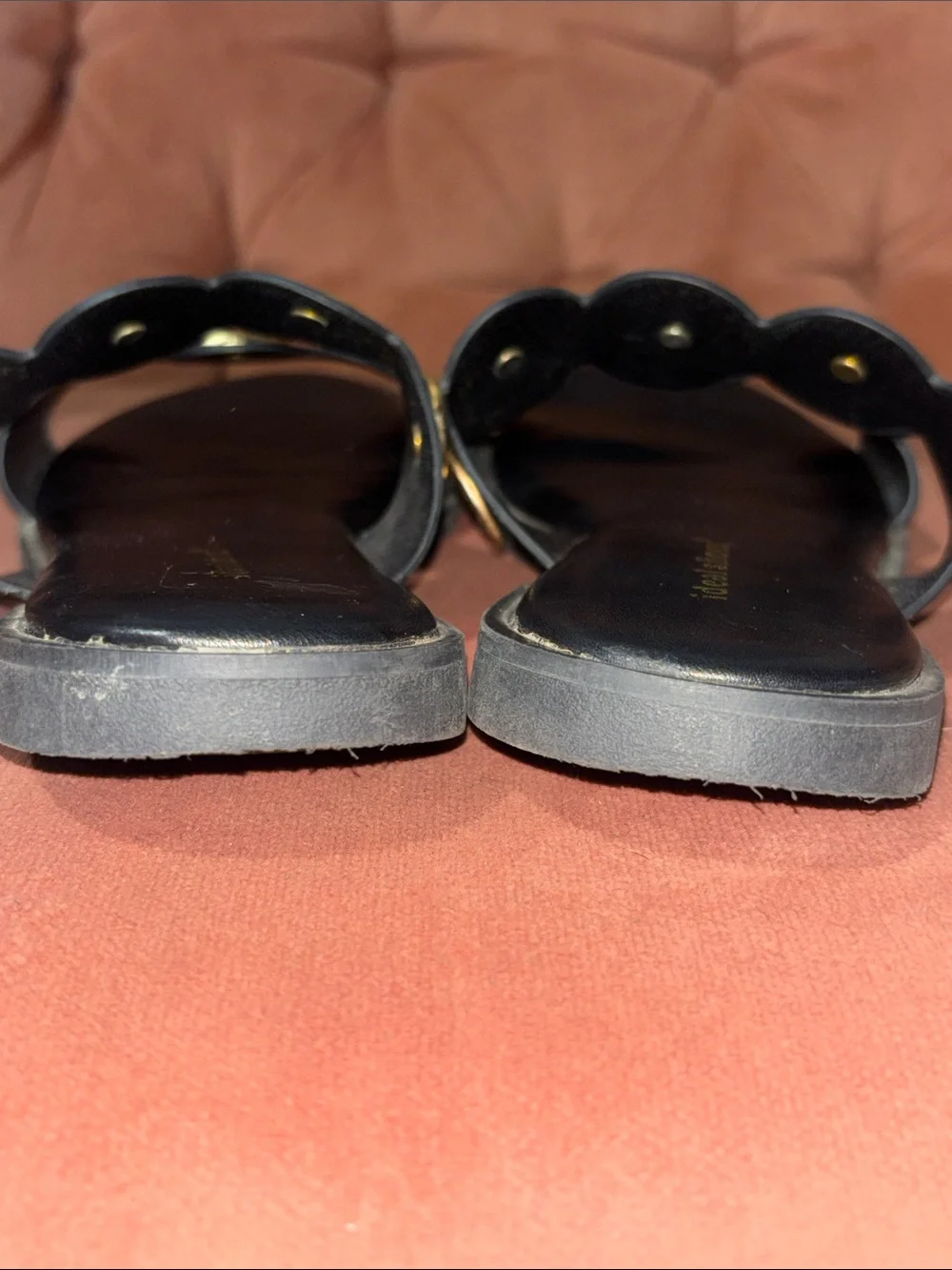 Black/gold medallion slip on slide flat sandals scalloped coin two strap 6.5